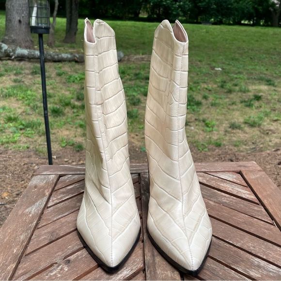 SCHUTZ Egg Shell Croc Embossed Black Block Heeled Short Boots - Picture 3 of 11